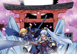 1boy 1girl aqua_eyes armor ayaka_(genshin_impact) battle blazblue blonde_hair blood blue_eyes breastplate cape cherry_blossoms crossover eien_no_kurayami fighting_stance fog genshin_impact highres ice japanese_clothes katana kisaragi_jin military military_uniform petals ribbon shrine skirt sword vs weapon white_hair