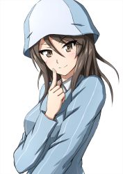 1girl blue_hat blue_shirt brown_eyes brown_hair dress_shirt finger_to_cheek girls_und_panzer hair_between_eyes hat highres keizoku_school_uniform long_hair long_sleeves looking_at_viewer mika_(girls_und_panzer) omachi_(slabco) school_uniform shirt simple_background smile solo striped_clothes striped_shirt tulip_hat upper_body vertical-striped_clothes vertical-striped_shirt white_background white_shirt wing_collar