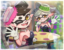 Rule 34 | 2girls, alternate breast size, bare arms, bare shoulders, black dress, black hair, black jumpsuit, bow-shaped hair, breasts, callie (splatoon), callie (squid sisters outfit) (splatoon), cleavage, collarbone, commentary request, cousins, detached collar, dress, earrings, fangs, gloves, gonzarez, gradient hair, grey hair, half updo, highres, hoop earrings, inkling, jewelry, jumpsuit, large breasts, marie (splatoon), marie (squid sisters outfit) (splatoon), mole, mole under eye, multicolored hair, multiple girls, nintendo, one eye closed, pointy ears, short dress, short jumpsuit, splatoon (series), splatoon 1, strapless, strapless dress, swept bangs, tentacle hair, thick eyebrows, twintails, waving, white gloves, yellow eyes