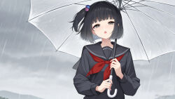 1girl :o amemori_sayo amemori_sayo_(1st_costume) artist_name black_eyes black_hair black_sailor_collar black_sweater blunt_bangs blunt_ends blush commentary_request hair_bobbles hair_ornament highres holding holding_umbrella long_sleeves looking_at_viewer neckerchief nijisanji one_side_up open_mouth outdoors overcast patyu3 rain red_neckerchief sailor_collar school_uniform serafuku short_hair sky solo sweater transparent transparent_umbrella twitter_username umbrella upper_body virtual_youtuber