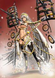 152_in_can 1girl absurdly_long_hair ankle_cuffs ballista bare_shoulders barefoot bikini black_bikini black_gloves black_thighhighs blue_eyes breasts chain collar crown cuffs dark-skinned_female dark_skin detached_sleeves elbow_gloves fate/grand_order fate_(series) gloves gold_chain grey_hair jewelry large_breasts long_hair metal_collar navel neck_ring simple_background solo swimsuit sword thighhighs underboob very_long_hair weapon wheel zenobia_(fate)