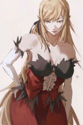 1girl artist_logo bare_shoulders blonde_hair breasts cleavage collarbone dress elbow_gloves feather-trimmed_dress feather-trimmed_gloves feather_trim frilled_dress frills gloves hair_ribbon hand_on_own_hip highres kiss-shot_acerola-orion_heart-under-blade kizumonogatari large_breasts logo long_hair looking_at_viewer monogatari_(series) oshino_shinobu pointy_ears red_dress ribbon simple_background solo strapless strapless_dress taki_(a313131333) vampire very_long_hair white_background white_gloves yellow_eyes