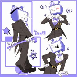 1boy adjusting_bowtie alternate_color ant_tenna belt black_belt black_pants black_shoes border bow bowtie cane character_name crt deltarune gloves hashtag-only_commentary highres holding holding_cane male_focus minteutokki1 multiple_views notice_lines object_head open_mouth pants pointy_nose purple_border purple_bow purple_bowtie shirt shoes smile star_(symbol) striped_hat tailcoat teeth white_gloves white_shirt