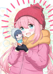 2girls beanie black_gloves blue_eyes blue_hair blue_jacket blush brown_scarf chibi double-parted_bangs down_jacket fingerless_gloves flying_sweatdrops gloves green_background grey_hat grey_scarf hair_between_eyes hat highres holding jacket kagamihara_nadeshiko long_hair long_sleeves looking_at_another mini_person multiple_girls notice_lines open_mouth pink_hair pink_jacket pom_pom_(clothes) pom_pom_beanie purple_eyes red_hat scarf scribble_background shima_rin smile sparkling_eyes sweat tomio_pretty upper_body white_background yellow_background yurucamp