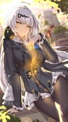 1girl absurdres ahoge between_breasts bird black_bird black_pantyhose black_unitard blue_flower blue_rose boutonniere breasts cow flower flower_on_chest hair_ornament highres holding_ofuda long_hair official_alternate_costume orange_eyes outdoors pantyhose rose single_hair_intake smile white_hair yan_(unicorn404) yixuan_(trails_of_ink)_(zenless_zone_zero) yixuan_(zenless_zone_zero) zenless_zone_zero