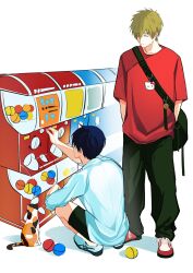 Rule 34 | 2boys, animal, arm on knee, arm up, awine9, bag, black bag, black pants, black shorts, blue hair, brown hair, calico (pattern), calico cat, cat, charm (object), closed eyes, closed mouth, commentary request, crew neck, dark blue hair, free!, gashapon, hair between eyes, hands in pockets, hello kitty, highres, kneeling, light brown hair, long sleeves, male focus, multicolored footwear, multiple boys, nanase haruka (free!), pants, red shirt, sanrio, shirt, shoelaces, shoes, short hair, short sleeves, shorts, shoulder bag, simple background, smile, sneakers, standing, t-shirt, tachibana makoto, white background, white shirt