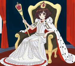 1girl akiyama_yukari brown_eyes brown_hair crown dress girls_und_panzer gold_crown jewelry long_dress looking_at_viewer messy_hair queen royal_robe scepter short_hair sitting_on_throne smile solo throne throne_room totalmajorweeb white_dress
