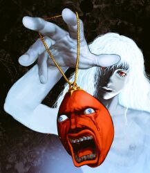 Rule 34 | 1boy, androgynous, bare shoulders, behelit, berserk, blood, bloody tears, blue eyes, closed mouth, commentary, crying, english commentary, f1nger, foreshortening, griffith (berserk), hair between eyes, holding, holding jewelry, jewelry, long hair, male focus, outstretched hand, perspective, red eyes, slit pupils, wavy hair, white hair