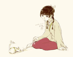 Rule 34 | 1girl, barefoot, blunt bangs, cat, cat teaser, chinese clothes, dated, full body, hanfu, highres, kusuriya no hitorigoto, mao mao the cat, maomao (kusuriya no hitorigoto), simple background, sitting, solo, tail, tail wagging, watermark, yoakedori914moz