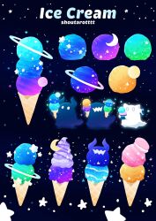 artist_name crescent crescent_moon english_text food food_focus ghost halo hat highres horns hoshikui ice_cream ice_cream_cone moon no_humans original shoutarou_(shoutarotttt) space star_(sky) star_(symbol)