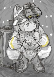 Rule 34 | 1girl, animal, animal ear headwear, animal in clothes, arknights, boots, buffalo iinkai, collared shirt, commentary request, fake animal ears, full body, gloves, goggles, goggles on headwear, greyscale, helmet, highres, jumpsuit, light particles, looking to the side, monochrome, nervous, night vision device, open mouth, pants, pants tucked in, partially unzipped, rabbit, shaw (arknights), shaw (cleansweeper in the castle) (arknights), shirt, short hair, small sweatdrop, solo, spot color, squatting, tank (container), v-shaped eyebrows