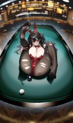 1girl 8-ball absurdres animal_ears azur_lane ball bar_(place) bar_stool billiard_ball black_hair black_pantyhose blurry blurry_background bow bowtie breasts breasts_squeezed_together cleavage commentary detached_collar english_commentary fake_animal_ears fisheye fuann hair_spread_out hairband highleg highleg_leotard highres holding_own_leg huge_breasts indoors legs_up leotard light_blush long_hair looking_at_viewer lying nail_polish no_shoes official_alternate_costume on_back pantyhose playboy_bunny pool_table rabbit_ears red_bow red_bowtie red_eyes red_hairband red_leotard red_nails soles solo stool table taihou_(azur_lane) taihou_(fun_on_the_baize)_(azur_lane) tongue tongue_out torn_clothes torn_pantyhose white_wrist_cuffs wrist_cuffs