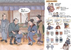 ankle_socks architecture black_hair blue_kimono east_asian_architecture geta gingham haori highres japanese_clothes kimono multiple_boys multiple_girls original sasai_sayuri socks speech_bubble striped_clothes striped_kimono tabi translation_request vertical-striped_clothes vertical-striped_kimono