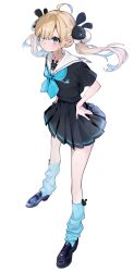 1girl ahoge black_sailor_collar black_skirt blonde_hair blue_bow blue_eyes blush bow closed_mouth enomoto_nao full_body hair_bow highres indie_virtual_youtuber loafers long_hair pleated_skirt sailor_collar school_uniform serafuku shigure_ui_(vtuber) shoes short_sleeves skirt socks solo standing twintails white_background white_sailor_collar