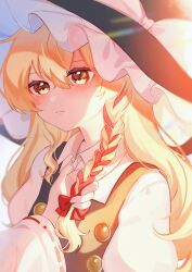 2girls black_vest blonde_hair blush bow braid closed_mouth collared_shirt commentary_request female_pov hair_bow hakurei_reimu hand_in_another&#039;s_hair hat hat_bow highres kirisame_marisa long_hair multiple_girls pov pov_hands red_bow ribbon-trimmed_sleeves ribbon_trim shirt side_braid single_braid solo_focus touhou vest white_bow witch_hat yellow_eyes yomogi_9392 yuri