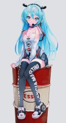 1girl absurdres ad ahoge arm_support arm_warmers bare_shoulders belt_collar between_legs black_collar black_shoes black_skirt black_thighhighs blue_eyes blue_hair blush breasts closed_mouth collar collarbone commentary_request detached_sleeves drum_(container) full_body gradient_legwear hair_between_eyes hand_between_legs headset highres lancia_(brand) long_hair long_sleeves looking_at_viewer martini_(brand) microphone nail_polish original personification pink_nails pleated_skirt pout product_placement s4_uniform scorpion_tattoo shoes simple_background sitting sitting_on_drum skirt sleeves_past_wrists small_breasts sneakers solo takepon1123 tattoo text_print thighhighs white_background white_shoes zipper