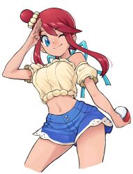Rule 34 | 1girl, ;), absurdres, blue eyes, blue shorts, closed mouth, commentary, crop top, grimmelsdathird, highres, holding, holding poke ball, looking at viewer, midriff, navel, nintendo, one eye closed, poke ball, poke ball (basic), pokemon, pokemon masters ex, red hair, salute, short shorts, shorts, skyla (pokemon), skyla (summer 2025) (pokemon), smile, solo, symbol-only commentary, white background