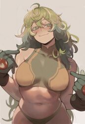1girl absurdres bare_shoulders bikini bikini_bottom_only boku_no_hero_academia breasts crop_top gloves green_eyes green_hair hagakure_toru highres large_breasts long_hair looking_at_viewer masoq navel official_alternate_costume official_alternate_hair_length official_alternate_hairstyle pointing pointing_at_self simple_background smile solo swimsuit unusually_visible very_long_hair