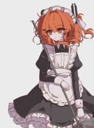 1girl a.i._voice adachi_rei alternate_costume apron black_dress bucket cowboy_shot dress enmaided frilled_apron frilled_dress frills gloves highres holding holding_bucket holding_mop long_sleeves maid maid_headdress mei_(meiday_mise) mop orange_eyes orange_hair simple_background solo standing utau white_apron white_background white_gloves