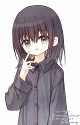 1girl black_hair black_shirt collared_shirt dress_shirt english_text grey_eyes hair_between_eyes hand_up long_hair long_sleeves looking_at_viewer open_mouth original shiho_(yuuhagi_(amaretto-no-natsu)) shirt simple_background solo upper_body watermark white_background wide_sleeves yuuhagi_(amaretto-no-natsu)