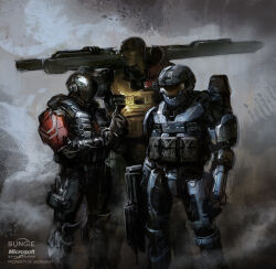 3boys absurdres armor assault_rifle assault_visor black_armor blue_armor bullpup carter-a259 combat_knife copyright_notice dark-skinned_male dark_skin emile-a239 explosive grenade gun halo:_reach halo_(series) highres huge_weapon isaac_hannaford jorge-052 knife looking_to_the_side ma5 multiple_boys no_headwear official_art over_shoulder power_armor rifle shoulder_armor spartan_(halo) standing weapon weapon_over_shoulder yellow_armor