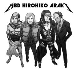 4boys abs araki_hirohiko_(person) belt_buckle black_sclera braid buckle collared_shirt colored_sclera commentary corset english_text formal_clothes full_body higashikata_norisuke_iv highres hood hood_up jacket jojo_no_kimyou_na_bouken jojolion long_hair looking_at_viewer mazwaz0621 multiple_boys pants pectoral_cleavage pectorals pelvic_curtain real_life risotto_nero sandman_(sbr) shirt short_hair steel_ball_run stone_mask_(jojo) striped_clothes striped_pants suit_jacket twin_braids vento_aureo