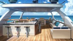 bar_(place) boat cloud cloudy_sky cocktail_glass couch cup day drinking_glass glass_bottle highres horizon no_humans non-web_source ocean official_art our_life:_beginnings_and_always pillow scenery sky stool sunlight watercraft wooden_floor