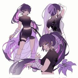 1girl bandaged_arm bandages black_shirt black_shorts boots breasts cloud_nine_inc earrings hand_on_own_hip highres jewelry long_hair medium_breasts midriff multiple_views nail_polish navel open_mouth pike_(azas_ef) purple_eyes purple_hair purple_nails shirt short_sleeves shorts simple_background thigh_strap utaite white_background white_boots yoshino_(utaite)