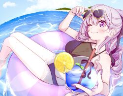 Rule 34 | 1girl, adjusting eyewear, afloat, bikini, black bikini, blush, breasts, chest tattoo, cleavage, cocktail, drill hair, drink, drinking straw, fisheye, glint, halterneck, holding, holding drink, hyakumantenbara salome, in water, large breasts, long hair, looking at viewer, nijisanji, ocean, one eye closed, purple eyes, purple hair, purple nails, ri ku 000000, see-through cleavage, see-through clothes, sky, smile, solo, sunglasses, swim ring, swimsuit, tattoo, virtual youtuber