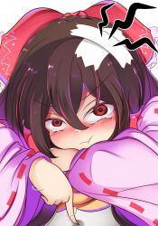 1girl :i :t ascot bandaid bandaid_on_head blush bow brown_hair closed_mouth commentary_request defeat finger_twirl fingernails frilled_bow frills frown fume hair_bow hair_down hakurei_reimu highres kana_(user_rkuc4823) long_hair long_sleeves looking_at_viewer lying motion_lines on_stomach puffy_cheeks red_bow red_eyes red_vest ribbon-trimmed_sleeves ribbon_trim shadow tearing_up touhou v-shaped_eyebrows vest white_sleeves wide_sleeves yellow_ascot