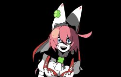 1girl ahoge ascot black_background breasts cleavage elphelt_valentine guilty_gear guilty_gear_xrd hat highres kekeken looking_at_viewer medium_breasts meme open_mouth overly_attached_girlfriend_(meme) portrait puffy_short_sleeves puffy_sleeves short_sleeves simple_background smile solo white_ascot white_hat