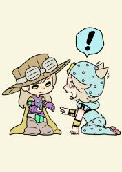 ! 2boys aged_down beanie belt belt_buckle blue_hat blue_hoodie blue_pants bridal_gauntlets brown_hair brown_hat brown_pants buckle cape chibi commentary_request cowboy_hat goggles goggles_on_headwear green_eyes grey_belt gyro_zeppeli hat highres hood hoodie johnny_joestar jojo_no_kimyou_na_bouken kneeling long_hair m_a_a_m_8 male_focus multiple_boys oversized_clothes pants purple_bridal_gauntlets short_sleeves spoken_exclamation_mark star_(symbol) star_print steel_ball_run tears white_eyes yellow_cape