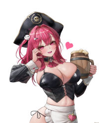 1girl absurdres apron bikini black_corset blush breasts cleavage corset detached_sleeves fang goddess_of_victory:_nikke hair_ornament hat heart highres kimdooboo large_breasts long_hair looking_at_viewer maid mast mast_(nikke) mast_(romantic_maid)_(nikke) open_mouth pink_eyes pink_hair pirate_hat skin_fang skull_hair_ornament smile solo swimsuit