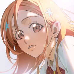 1girl absurdres bleach blouse bow brown_eyes female_focus hair_ornament hairclip highres inoue_orihime karakura_high_school_uniform lips long_hair n_(nauki_11) orange_hair portrait red_bow school_uniform shirt