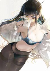 1girl black_hair black_pantyhose blue_bra blue_hair blue_panties bra breasts cleavage commentary_request cup dress_shirt drinking glasses highres holding holding_cup holding_paper long_hair multicolored_hair open_clothes open_shirt original panties panties_under_pantyhose pantyhose paper shirt simple_background solo streaked_hair takei_(jamfusion) two-tone_hair underwear white_background white_shirt yellow-framed_eyewear yellow_eyes