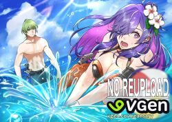 1boy 1girl ball beach beachball bikini blue_swim_trunks breasts dagger female_shez_(fire_emblem) female_shez_(summer)_(fire_emblem) fire_emblem fire_emblem:_three_houses fire_emblem_heroes fire_emblem_warriors:_three_hopes green_eyes green_hair highres knife large_breasts male_byleth_(enlightened)_(fire_emblem) male_byleth_(fire_emblem) meansary nintendo ocean purple_eyes purple_hair swimsuit weapon whistle whistle_around_neck