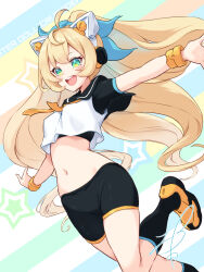 Rule 34 | 1girl, :d, absurdres, animal ears, black bra, black sailor collar, black shorts, black socks, blonde hair, blush, bra, cat ears, character request, crop top, fake animal ears, floating hair, green eyes, headphones, highres, kneehighs, leg up, long hair, megami device, miniskirt, navel, neckerchief, open mouth, orange neckerchief, orange shoes, orange trim, outstretched arms, sailor collar, shoes, short shorts, short sleeves, shorts, signature, skirt, smile, soanote, socks, solo, sports bra, stomach, underwear, very long hair