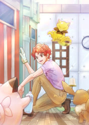 1boy abra aihysa bill_(pokemon) breast_pocket brown_footwear brown_pants clefairy commentary_request eevee gen_1_pokemon gloves hand_up highres male_focus nintendo on_one_knee open_mouth orange_hair pants pocket pokemon pokemon_(creature) pokemon_frlg purple_shirt shirt shoes short_hair short_sleeves single_glove smile tongue white_gloves