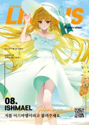 Rule 34 | 1girl, absurdres, aqua bow, beach, bouquet, bow, breasts, cloud, commentary request, day, dress, flower, green eyes, hat, hat bow, hi i dubu, highres, holding, holding bouquet, ishmael (project moon), korean commentary, korean text, large breasts, limbus company, long hair, looking at viewer, ocean, off-shoulder dress, off shoulder, orange flower, orange hair, project moon, second-party source, solo, summer, sun hat, sundress, translation request, very long hair, white dress, white hat