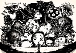 ^^^ albino_dwarf_bulborb ancient_sirehound armored_cannon_larva bulborb bulborb_larva closed_eyes commentary_request creeping_chrysanthemum crusted_rumpup dated downy_snagret drooling emperor_bulblax foolix frog greater_spotted_jellyfloat greyscale groovy_long_legs grubchucker highres honeywisp horned_cannon_beetle jellyfish leaf lesser_spotted_jellyfloat looking_at_viewer mama_sheargrub mammoth_snootwhacker monochrome nintendo no_mouth peckish_aristocrab pikmin_(creature) pikmin_(series) pikmin_4 pointy_nose puffstool red_pikmin shadow shearflea smoke smoky_progg snowfake_fluttertail standing traditional_media tusked_blowhog yamato_koara yellow_wollyhop