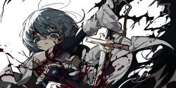 Rule 34 | 1girl, blood, blue eyes, blue hair, cape, elbow gloves, fortissimo, gloves, hair ornament, highres, jihecchi, magical girl, mahou shoujo madoka magica, mahou shoujo madoka magica (anime), miki sayaka, miki sayaka (magical girl), musical note, musical note hair ornament, short hair, solo, sword, upper body, weapon, white background, white cape, white gloves