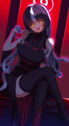 1girl absurdres azami_(blue_archive) bare_shoulders bell black_hair black_kimono black_thighhighs blue_archive bonefire0909 breasts crossed_legs forked_tongue grey_halo halo highres japanese_clothes jingle_bell kimono large_breasts long_hair mole mole_under_mouth multicolored_hair red_background simple_background sitting sleeveless sleeveless_kimono slit_pupils small_pupils smile snake snake_hair thighhighs tongue two-tone_hair white_hair white_snake yellow_eyes
