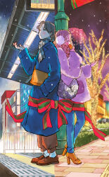 Rule 34 | 1boy, 1girl, bag, bare tree, black car, blue coat, blue pants, blush, boots, bow, brick floor, brown boots, brown pants, brown shoes, bush, can, car, christmas, christmas lights, cityscape, coat, drinking, earmuffs, fluorescent lamp, from side, full body, fur coat, gomafuki, grating, hand in pocket, high heel boots, high heels, highres, holding, holding can, lamp, lamppost, large bow, looking down, looking up, motor vehicle, night, original, pants, plaid clothes, plaid scarf, purple coat, railing, scarf, shoes, shoulder bag, sidewalk, snowing, socks, standing, standing on one leg, train station, translation request, tree, white socks
