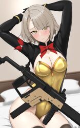 1girl armband arms_behind_head black_shrug blush bow bowtie breasts brown_hair cleavage closed_mouth commentary_request girls&#039;_frontline girls&#039;_frontline_2:_exilium gold_leotard gun hair_ornament hairpin highres kriss_vector leotard looking_at_viewer official_alternate_costume osprey_45 polygonal_suppressor red_armband red_bow red_bowtie short_hair shrug_(clothing) sitting solo submachine_gun sumi_ojie suppressor sweat vector_(girls&#039;_frontline) vector_(girls&#039;_frontline_2) vector_(molotov_bunny)_(girls&#039;_frontline_2) weapon x_hair_ornament yellow_eyes