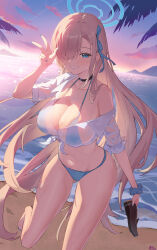 1girl absurdres akira_(526011172) asuna_(blue_archive) beach bikini black_choker blonde_hair blue_archive blue_bikini blue_bow blue_eyes blue_halo blue_nails bow breasts choker cleavage commentary hair_over_one_eye halo highres holding holding_shoes holding_unworn_clothes large_breasts long_hair looking_at_viewer nail_polish navel scrunchie see-through_clothes see-through_shirt shirt shoes single_off_shoulder smile solo stomach swimsuit thighs toenail_polish toenails unworn_shoes very_long_hair w white_shirt wrist_scrunchie