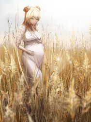 Rule 34 | 1girl, absurdres, blonde hair, breasts, closed mouth, commission, double bun, dress, hair bun, hands on own stomach, hansart17, highres, kaneko lumi, long dress, long hair, phase connect, pregnant, smile, solo, virtual youtuber, wheat field, white dress