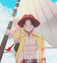 1boy abs aged_down bag black_hair boat closed_mouth cowboy_shot elbow_pads freckles hat highres male_focus nabi_love_8 one_piece open_clothes open_shirt orange_hat outdoors portgas_d._ace short_hair short_sleeves shoulder_bag single_elbow_pad solo watercraft