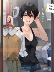 1girl bare_shoulders black_hair black_nails black_tank_top blue_shorts blush breasts cleavage clenched_teeth clothes_hanger collarbone commentary_request funi_mu9 hair_between_eyes highres holding holding_clothes_hanger indoors looking_at_mirror looking_at_viewer medium_breasts mirror mole mole_under_mouth nail_polish open_mouth original purple_eyes scratching_head short_hair shorts solo tank_top teeth translation_request