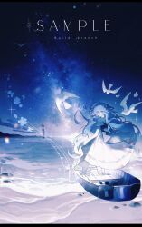 1girl absurdres beach bird blue_eyes blue_theme boat commentary_request dove dress expressionless full_body hair_ornament highres lens_flare long_hair miracle_7y night ocean original scenery sky solo standing star_(sky) starry_sky title very_long_hair watercraft wavy_hair white_dress