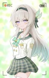 1girl absurdres arms_behind_back battery_indicator black_hairband black_ribbon blush closed_mouth english_text firefly_(honkai:_star_rail) firefly_(spring_missive)_(honkai:_star_rail) gradient_hair green_pupils grey_hair grey_sailor_collar hair_between_eyes hair_intakes hair_ornament hair_ribbon hairband highres honkai:_star_rail honkai_(series) long_hair multicolored_eyes multicolored_hair name_tag pleated_skirt recording ribbon sailor_collar skirt smile solo take_(take96254) thighhighs viewfinder white_thighhighs